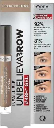 L'oreal Paris 48H Unbelievabrow Long-Lasting Eyebrow Gel, 8.0 Light Cool Blonde